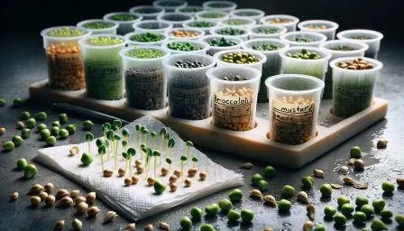 Various seed types and sprouting stages showing early development phases