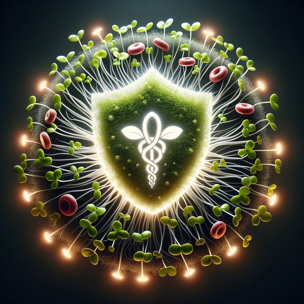 A symbol of a strong immune system encircled by microgreens, showing their immunity-boosting properties.