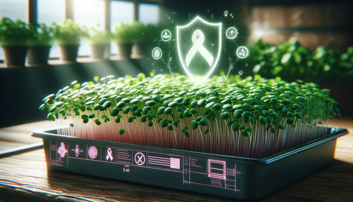Microgreens in a growing tray with symbolic graphics representing cancer prevention.