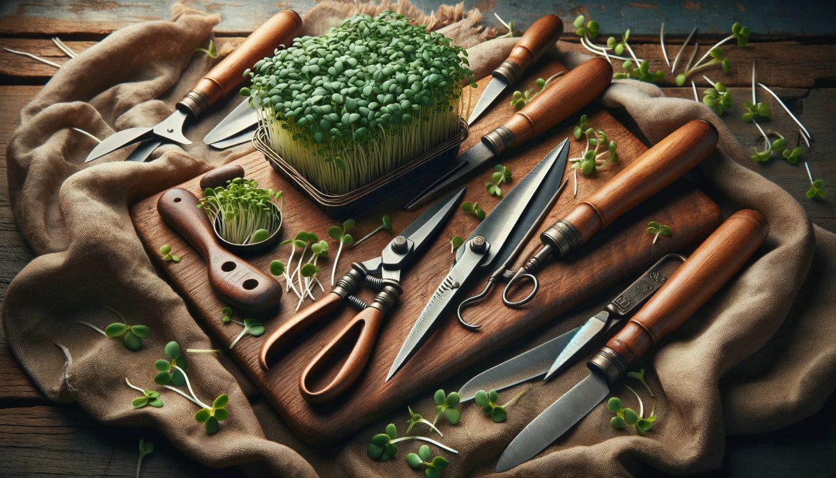 Microgreens harvesting tools essential for microgreen planting tools, including efficient scissors and collection trays.
