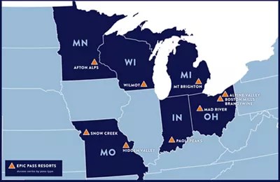 Midwest Ski Snowboard Resorts Epic Season Pass 20240201 EPAS Digital RegionalMap Midwest 2000x1300