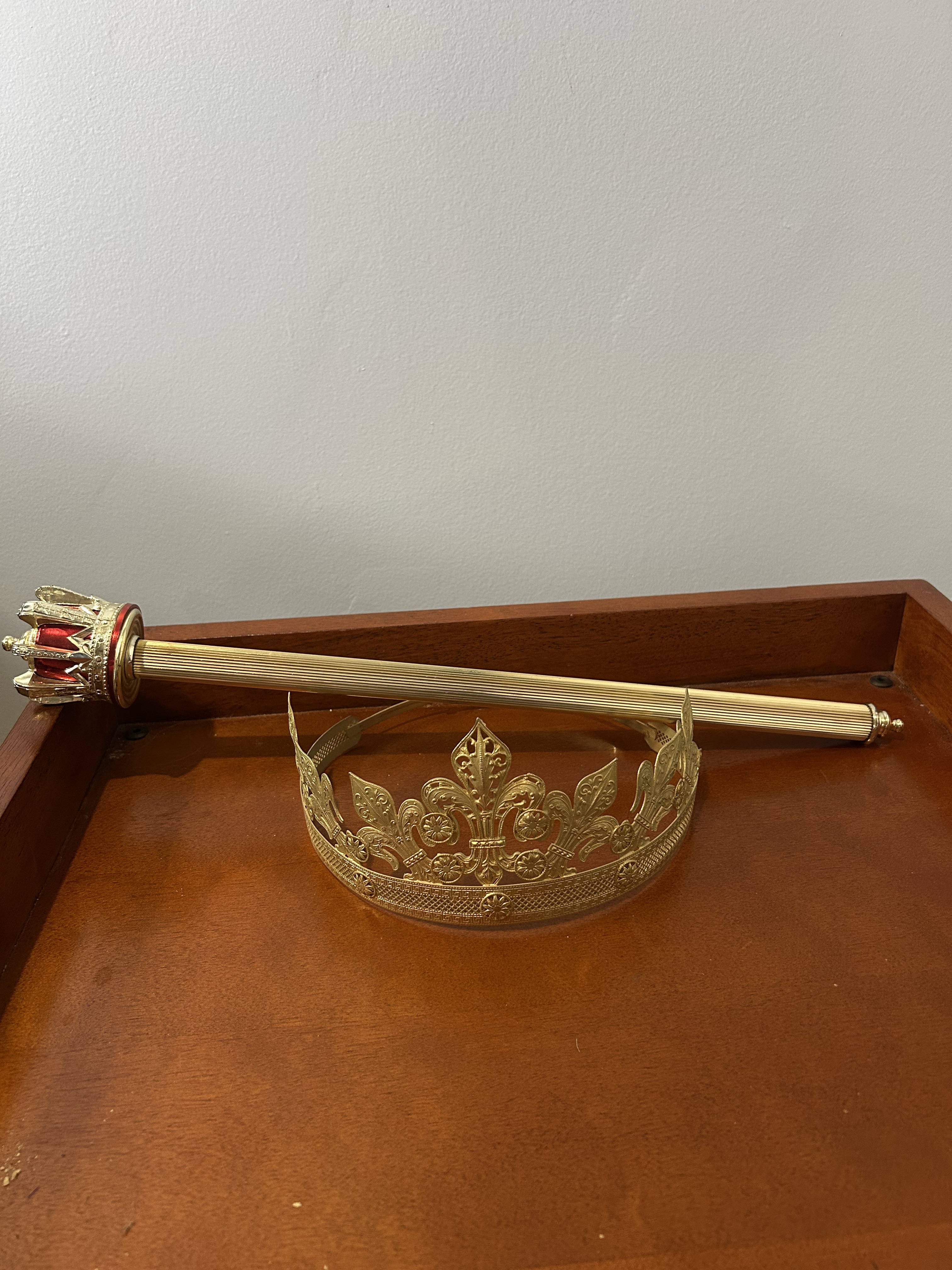 Gold Metal Crown and Gold and Red Scepter