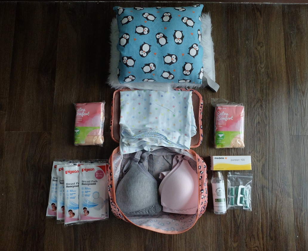 Pigeon breast pads, Inay Moments nursing bras, Naturali VCO and Mega Malunggay capsules from V Pharma, Disposable undies from Watsons, Iflin nursing cover, and nursing pillow from Nappy Pillows