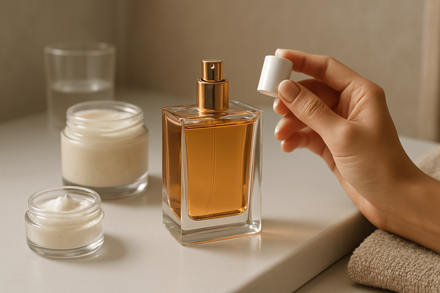 A hand holding the cap of a sleek perfume bottle filled with amber liquid, surrounded by skincare jars, capturing a refined setting for enhancing perfume smells.