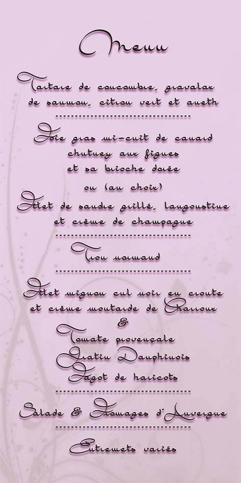 Menu de mariage modèle Jacqueline