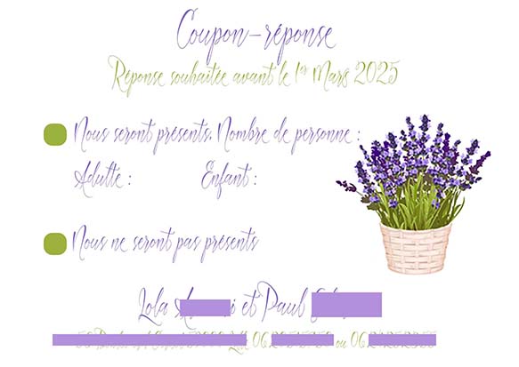 Coupon-réponse de mariage modèle Lola