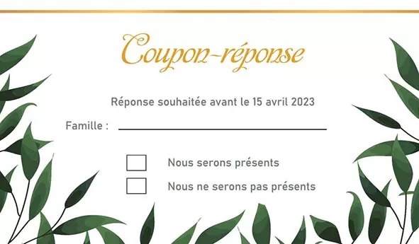 faire-part mariage feuillage pochette vert or