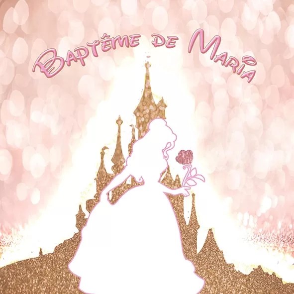 faire-part baptême princesse Disney château rose or