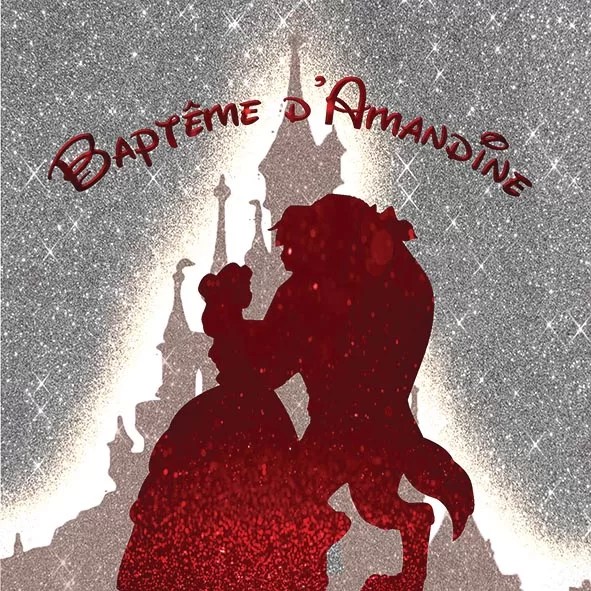 faire-part baptême princesse Disney château rouge argent