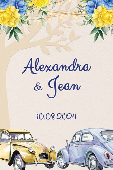 faire-part mariage guinguette champêtre retro voiture vintage 2cv coccinelle hortensia bleu jaune