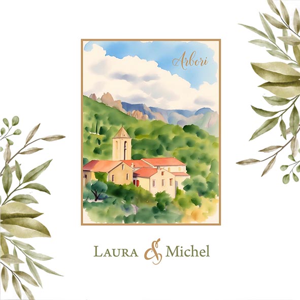 Faire-part de mariage modèle Maria thème paysage Corse aquarelle, plage de Palombaggia, cathédrale d’Ajaccio, église de village corse, Ajaccio, papeterie événementielle