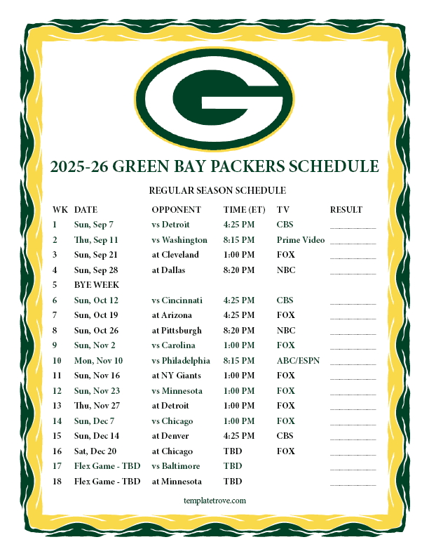 Green Bay Packers Schedule 2026 Image 227 
