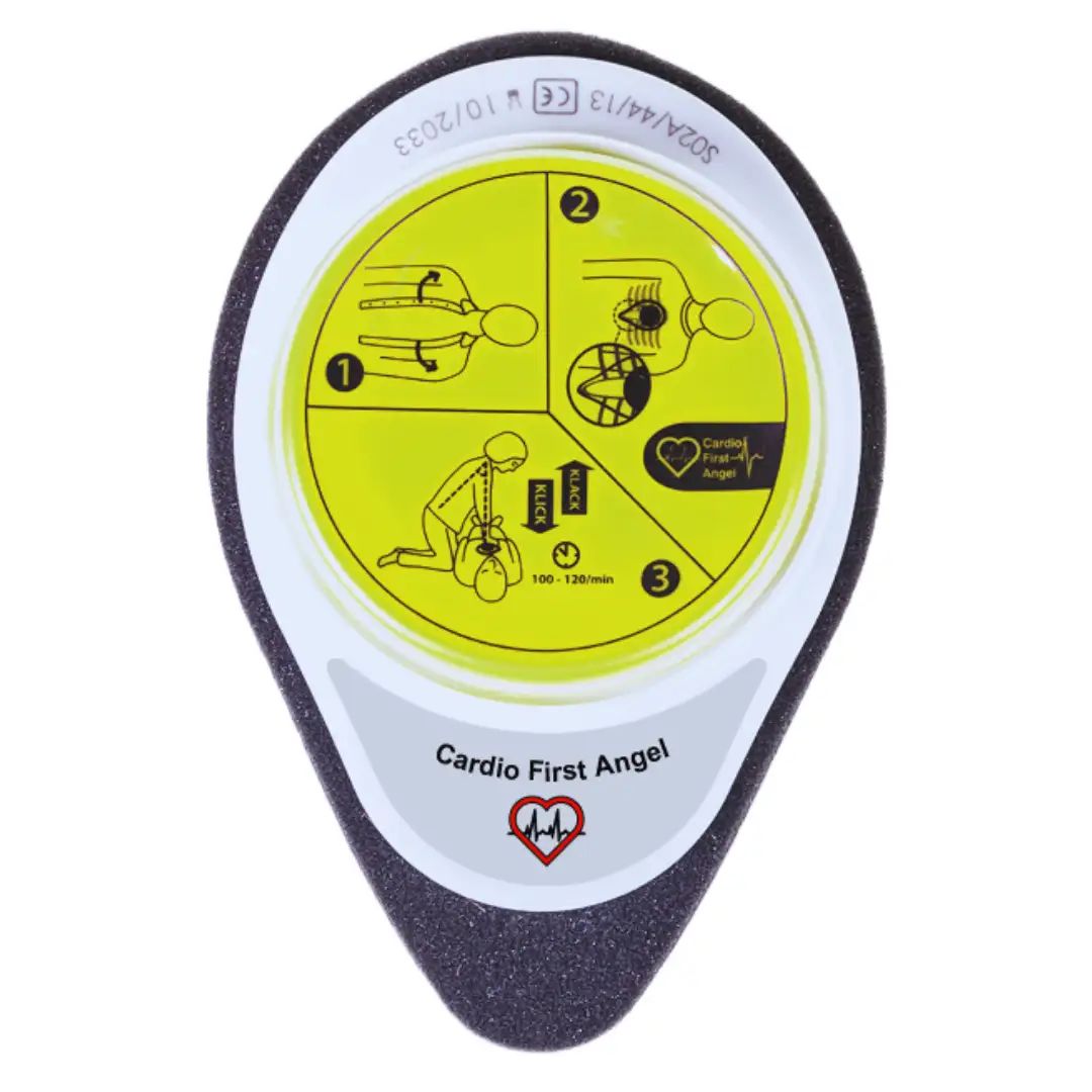 Cardio First Angel CPR device – lightweight, mechanical chest compression aid with audible feedback.