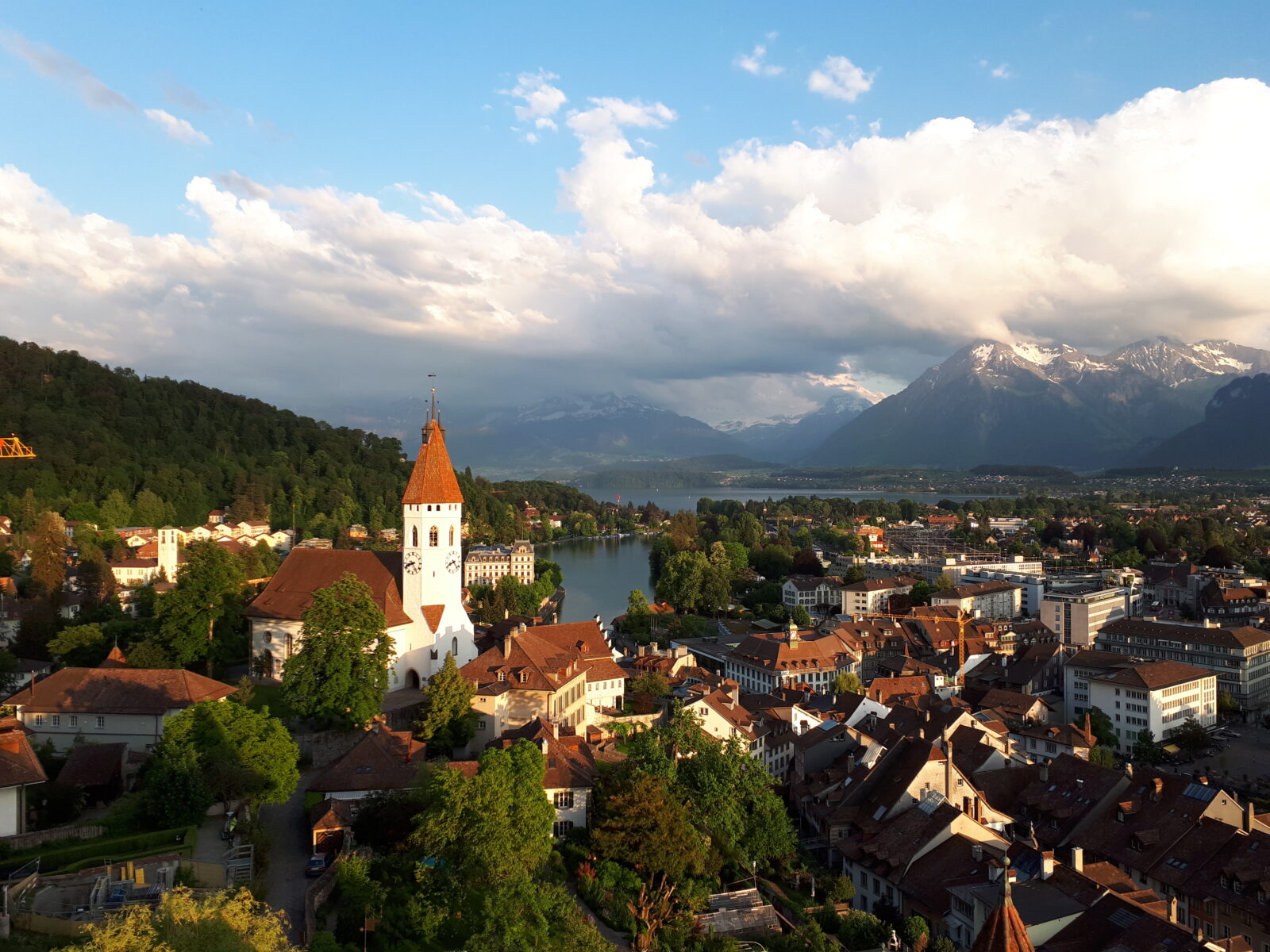 Thun’s old town with castle, Lake Thun and the Alps