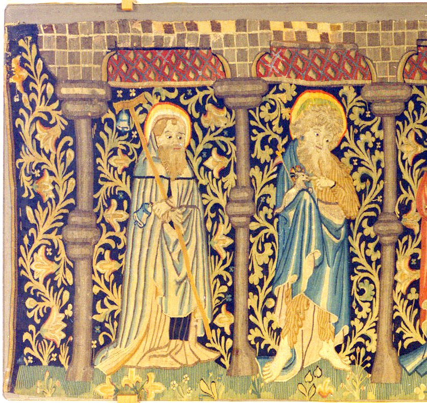 Bildteppich aus der Sammlung des Schlossmuseums Thun: Heiligenfiguren unter Arkaden