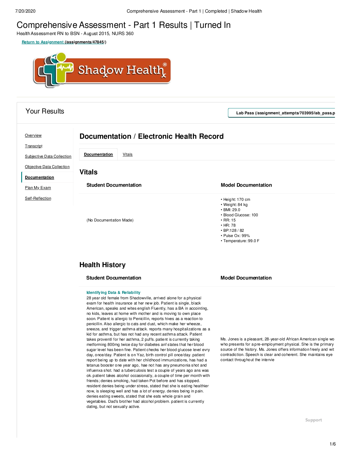 Shadow health comprehensive assessment tina jones -documentation :electronic health record