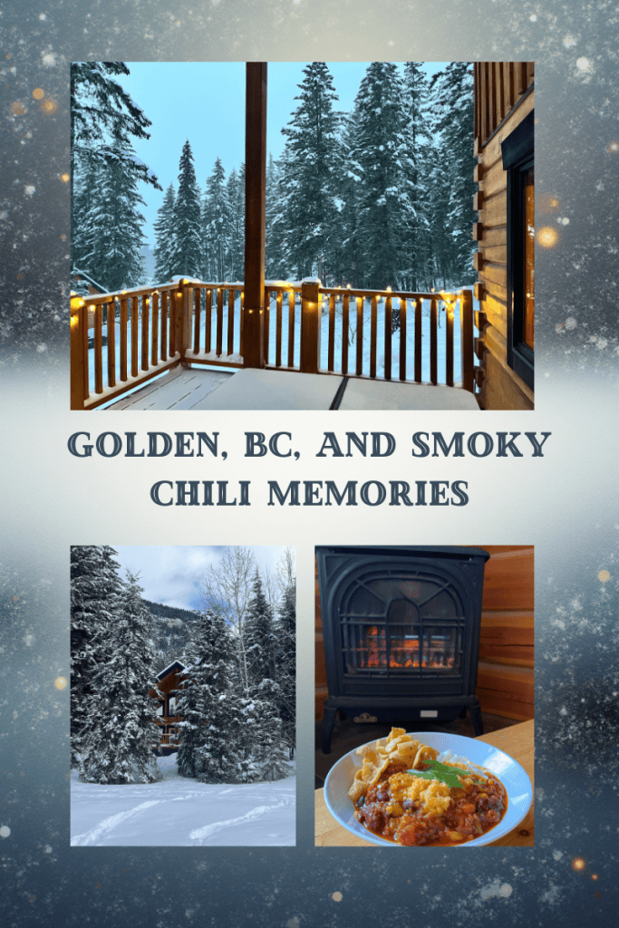 Top photo: Cabin in the woods with lights around the deck
Image 2: the cabin from afar surrounded by snow and pine.Image 3: smoky bacon chili in front of a fire