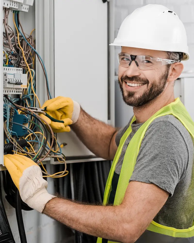 Electrical engineering student with safety glasses, a yellow vest, and white hard hat working on an electrical panel.