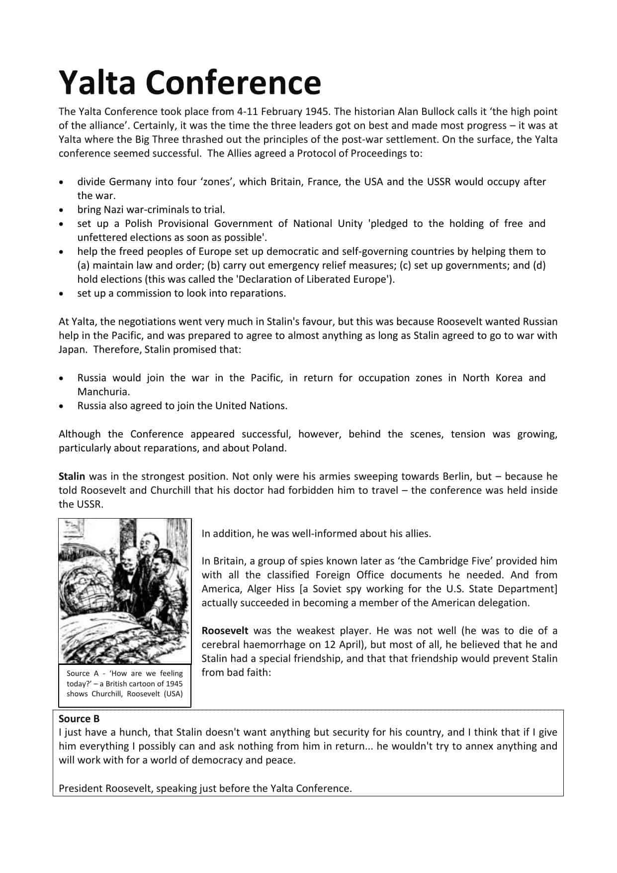 yalta conference facts information worksheet igcse lesson