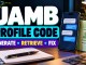 A phone with generic SMS bubbles beside JAMB profile code guidance.