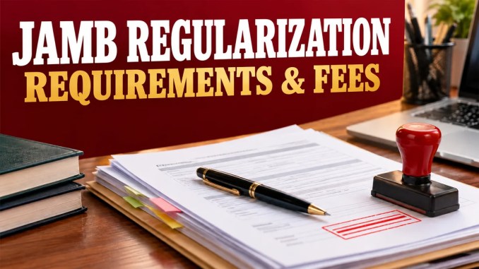 jamb-regularization Admission documents, a stamp and a pen illustrating JAMB regularization.