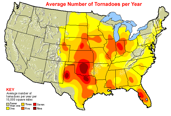 USA Map Showing The Average Number Of Tornadoes Per Year Per 10 000 TornadoMap 