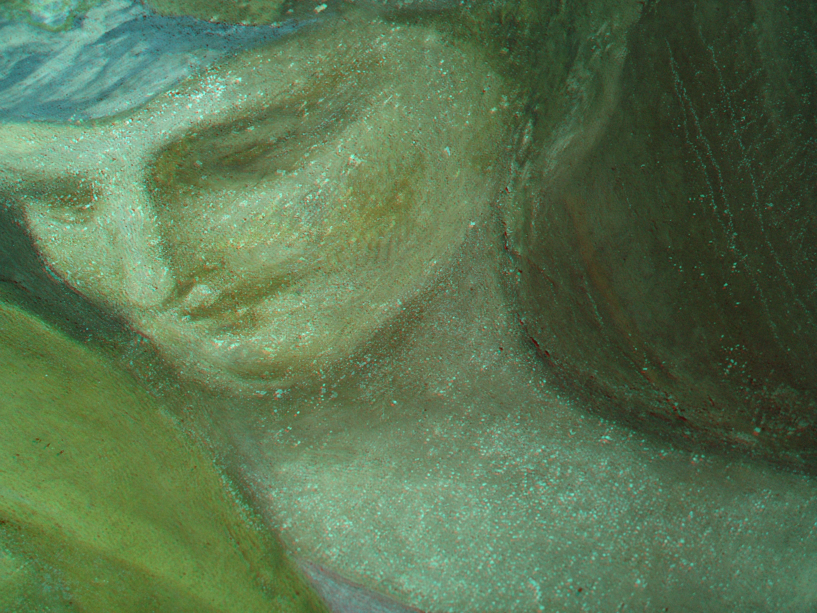 Particolare in IR falso colore, si evidenzia la presenza di rosso cinabro (in giallo) e di terre verdi (in blu)