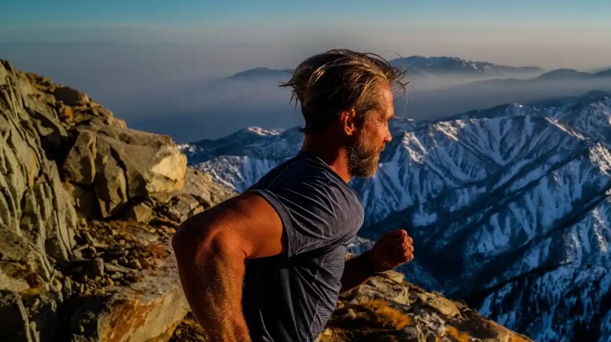 Lean athletic male runner in his forties mid-stride on a high-altitude mountain trail with snowcapped peak in the background, illustrating the cardiorespiratory fitness associated with high VO2 max and longevity