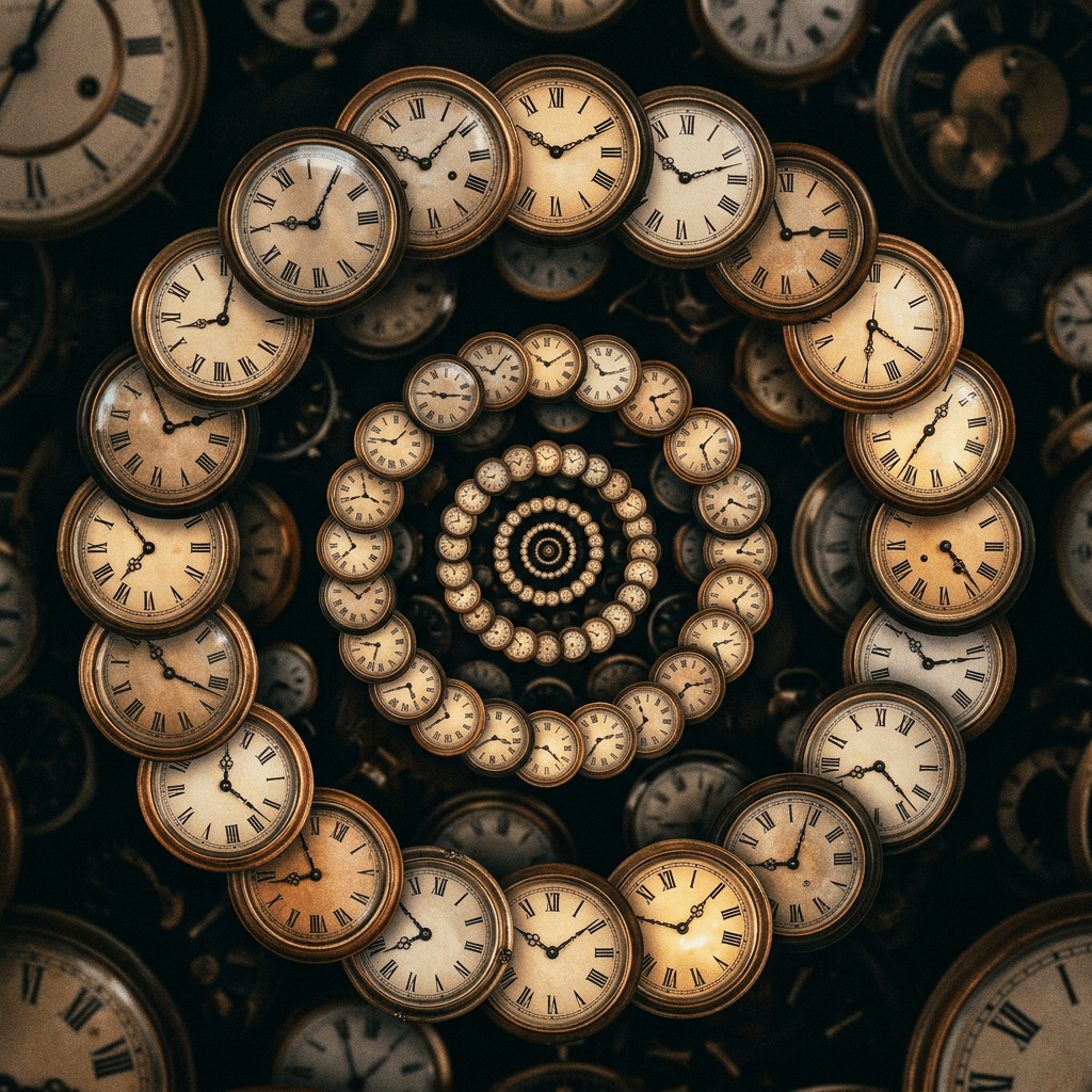 Multiple vintage clocks with Roman numerals arranged in a spiral pattern