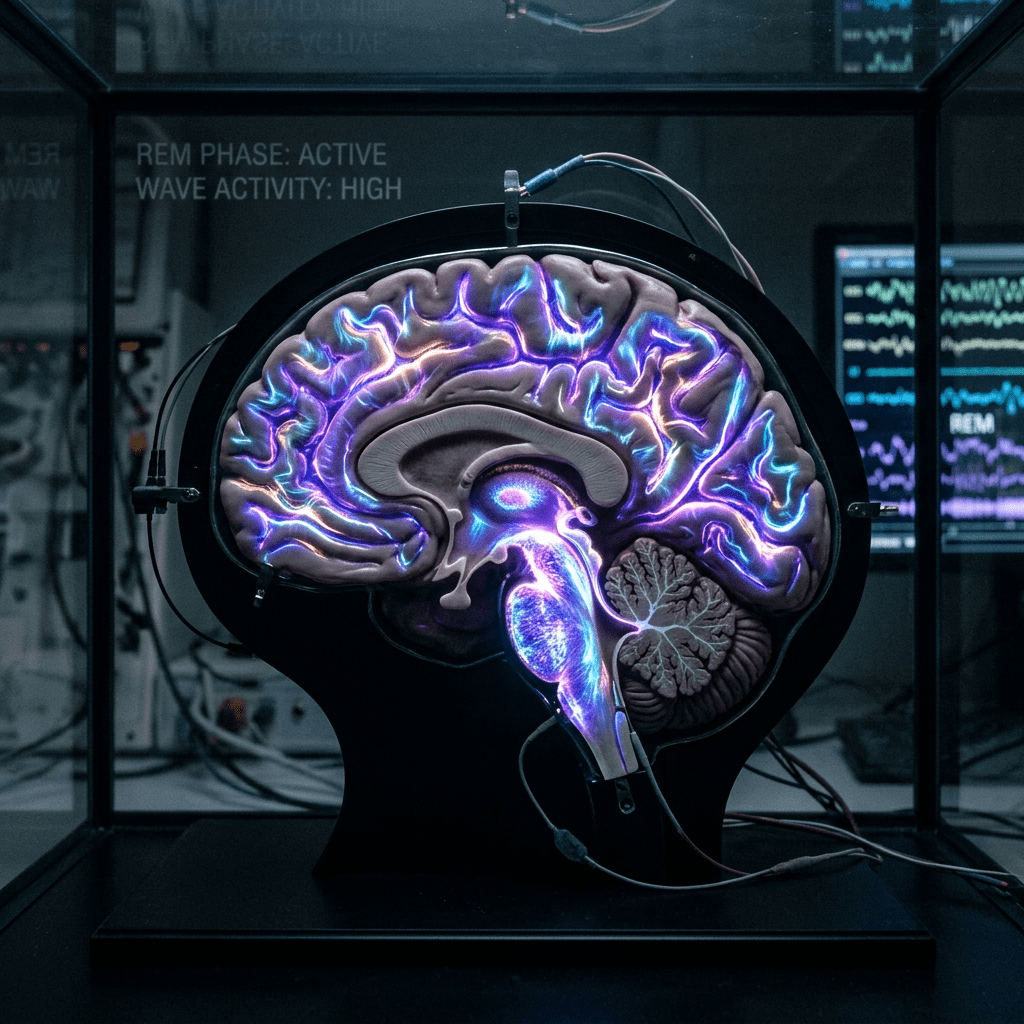 Human brain model with illuminated neural activity and connected electrodes indicating REM phase and high wave activity