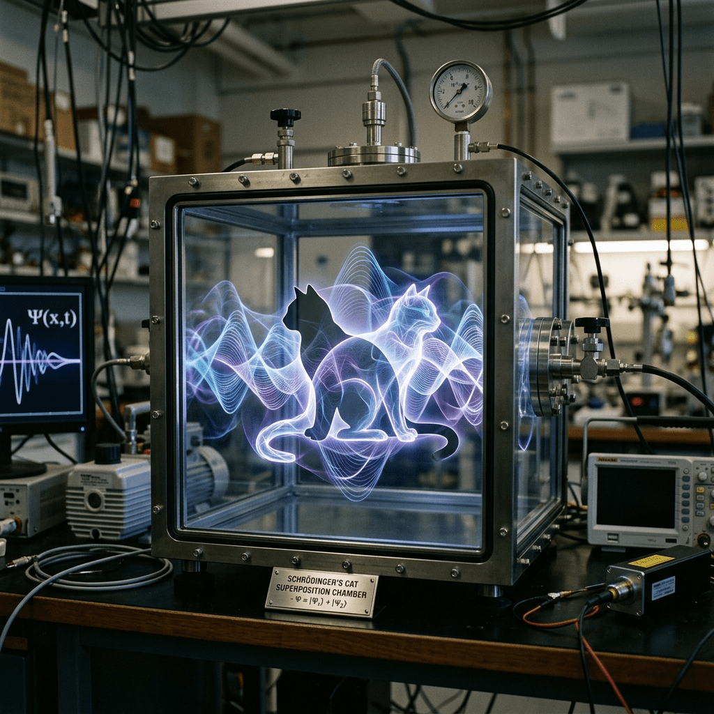 Metal chamber displaying holographic dual cat superposition in a lab