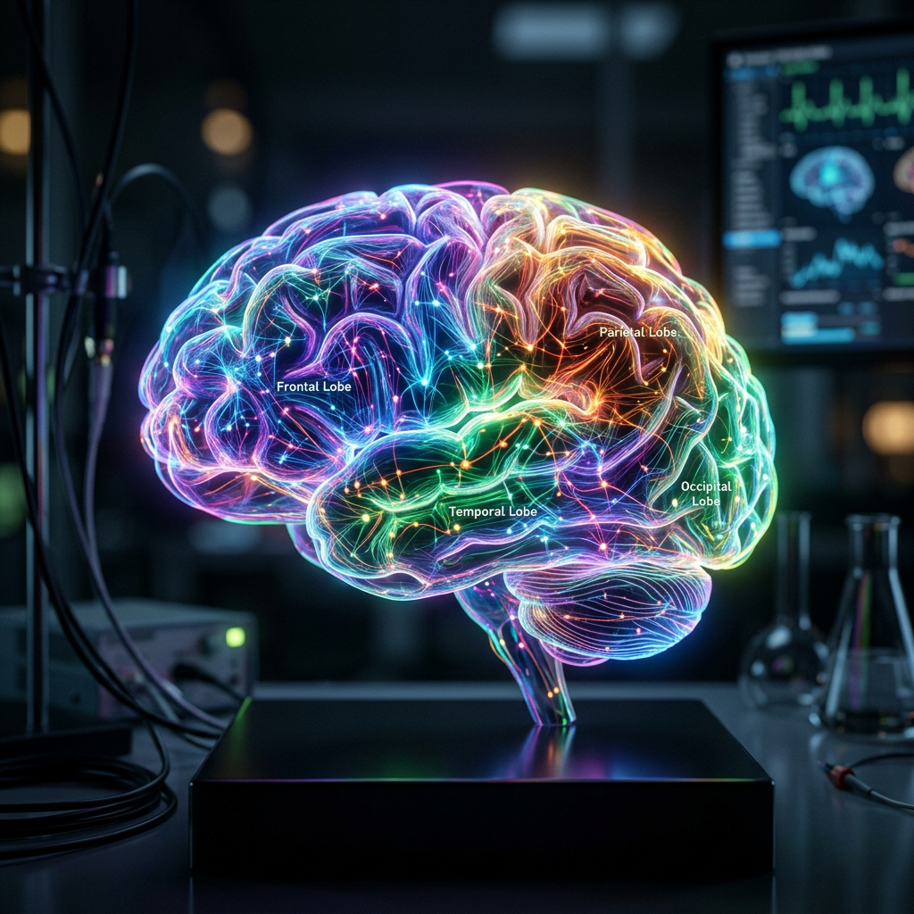 3D brain model showing Frontal, Parietal, Temporal, and Occipital lobes with glowing neural pathways