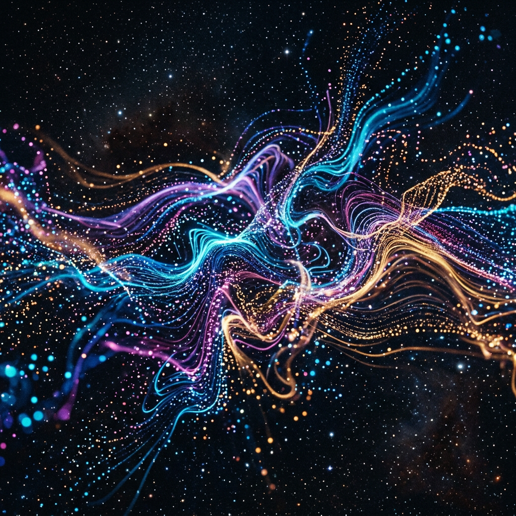 Vibrant flowing streams of blue, purple, and orange light particles against dark starry background