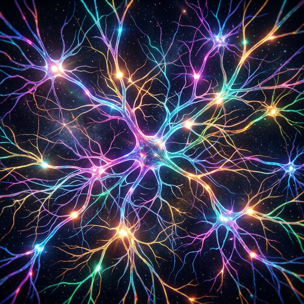 Colorful interconnected neurons with glowing synapses and branches