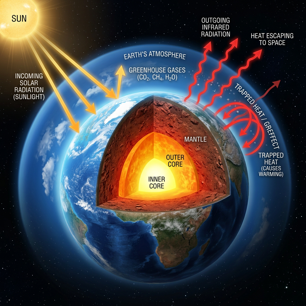 Diagram of Earth's layers and greenhouse gases trapping heat