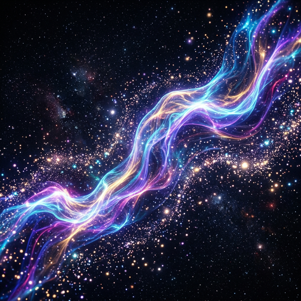 Multicolored glowing energy stream flowing through starry cosmic space