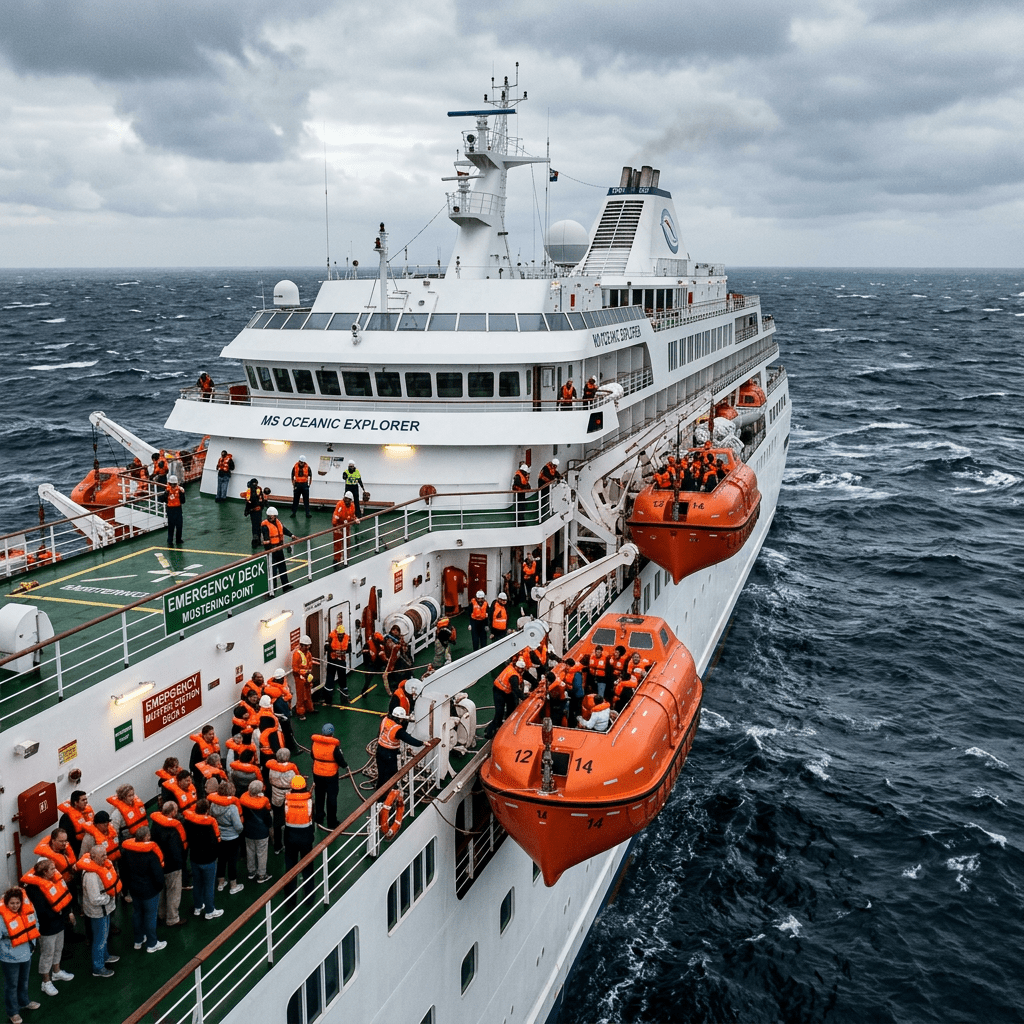 Passengers and crew wearing orange life jackets assembled on MS Oceanic Explorer deck with lifeboats lowered over ocean