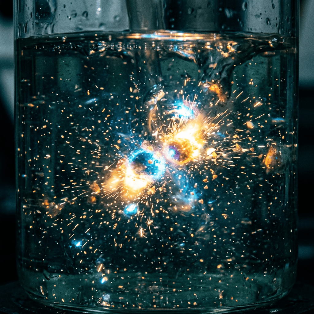 Bright sparks and glowing particles exploding underwater inside a transparent vessel