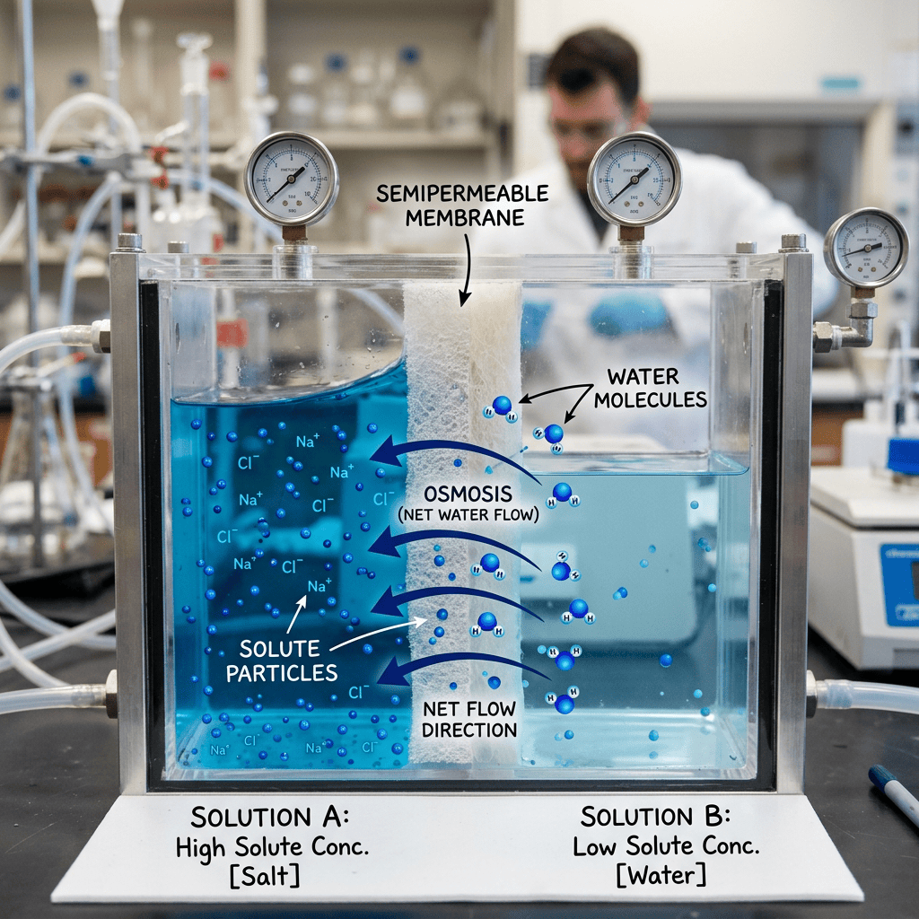 Osmosis process with solute and water molecules separated by semipermeable membrane showing net water flow direction