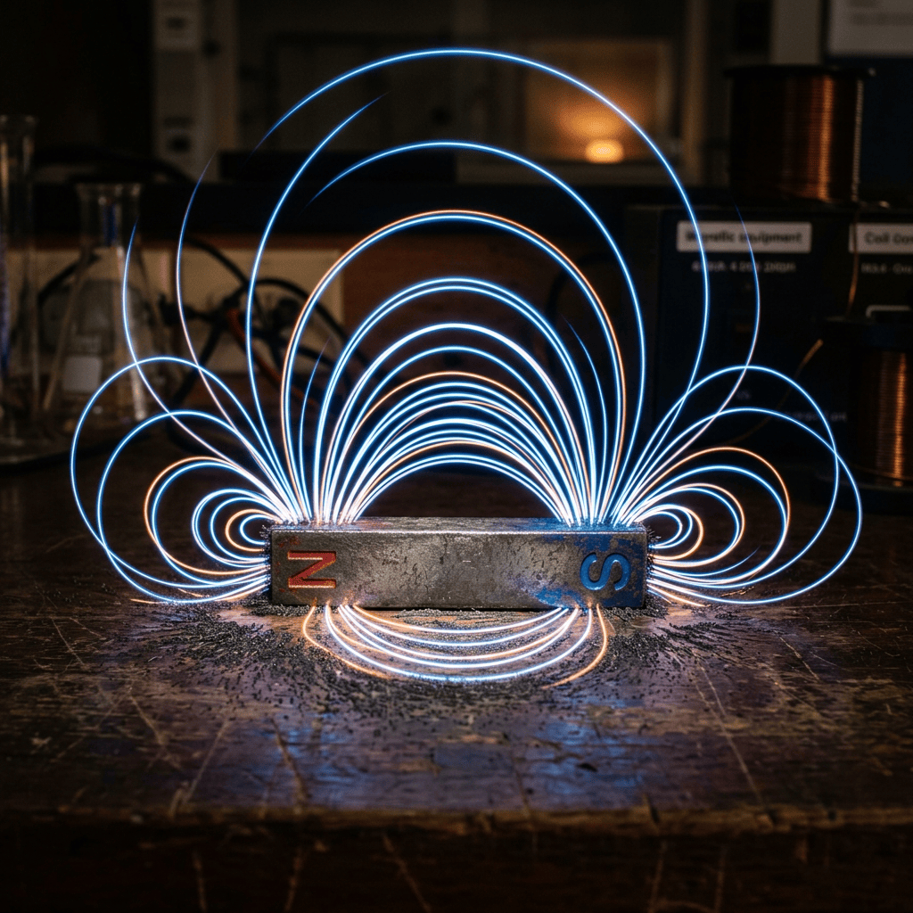 Bar magnet with magnetic field lines shown in loops from north to south poles
