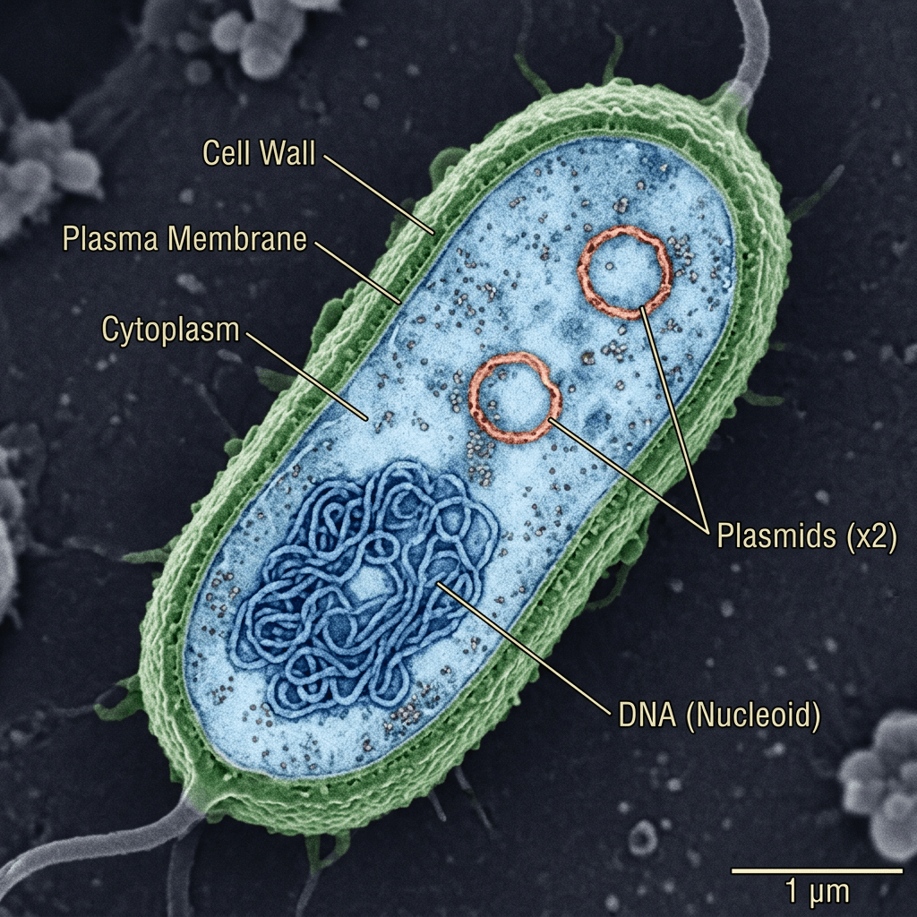 Diagram of a bacterium with labels for cell wall, plasma membrane, cytoplasm, DNA (nucleoid), and plasmids.