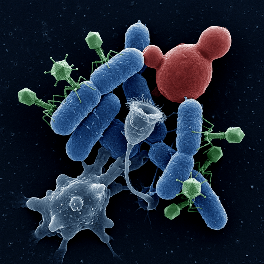 Bacteriophages attached to rod-shaped bacteria with protozoa nearby