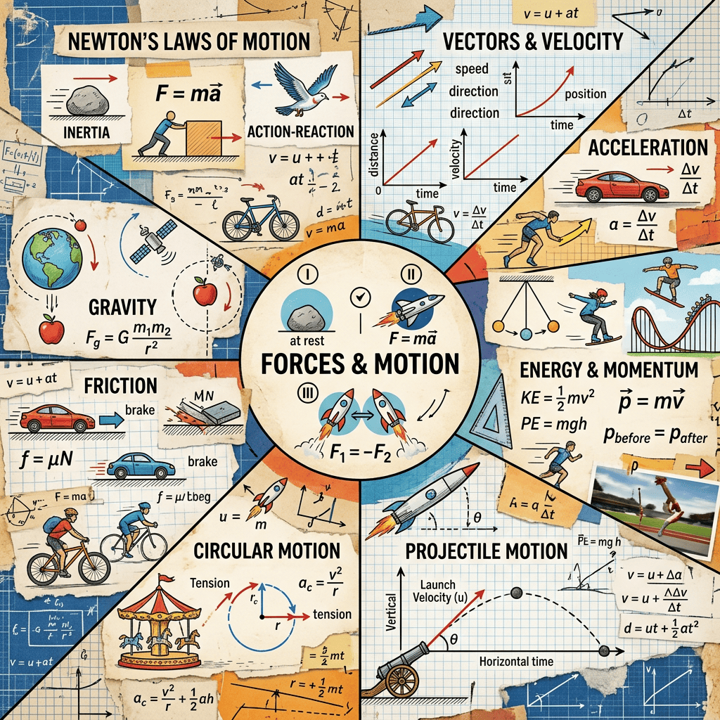 Diagram illustrating Newton's laws, gravity, friction, vectors, acceleration, energy, momentum, circular and projectile motion