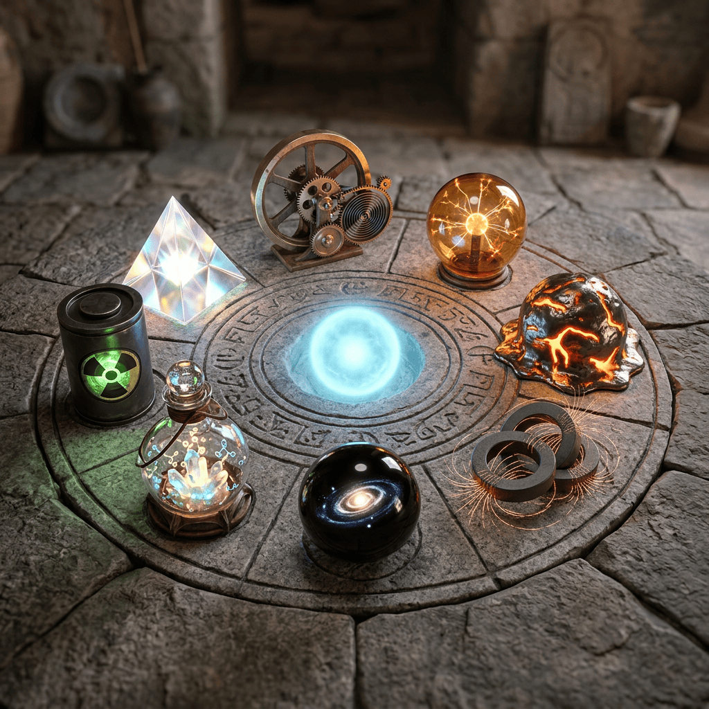 Glowing mystical and steampunk objects arranged in a circle on a stone surface with ancient symbols
