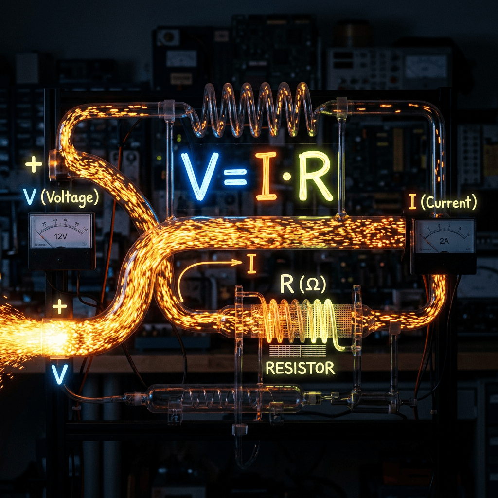 Diagram of an electrical circuit showing voltage, current, resistor, and Ohm's Law equation V=I·R