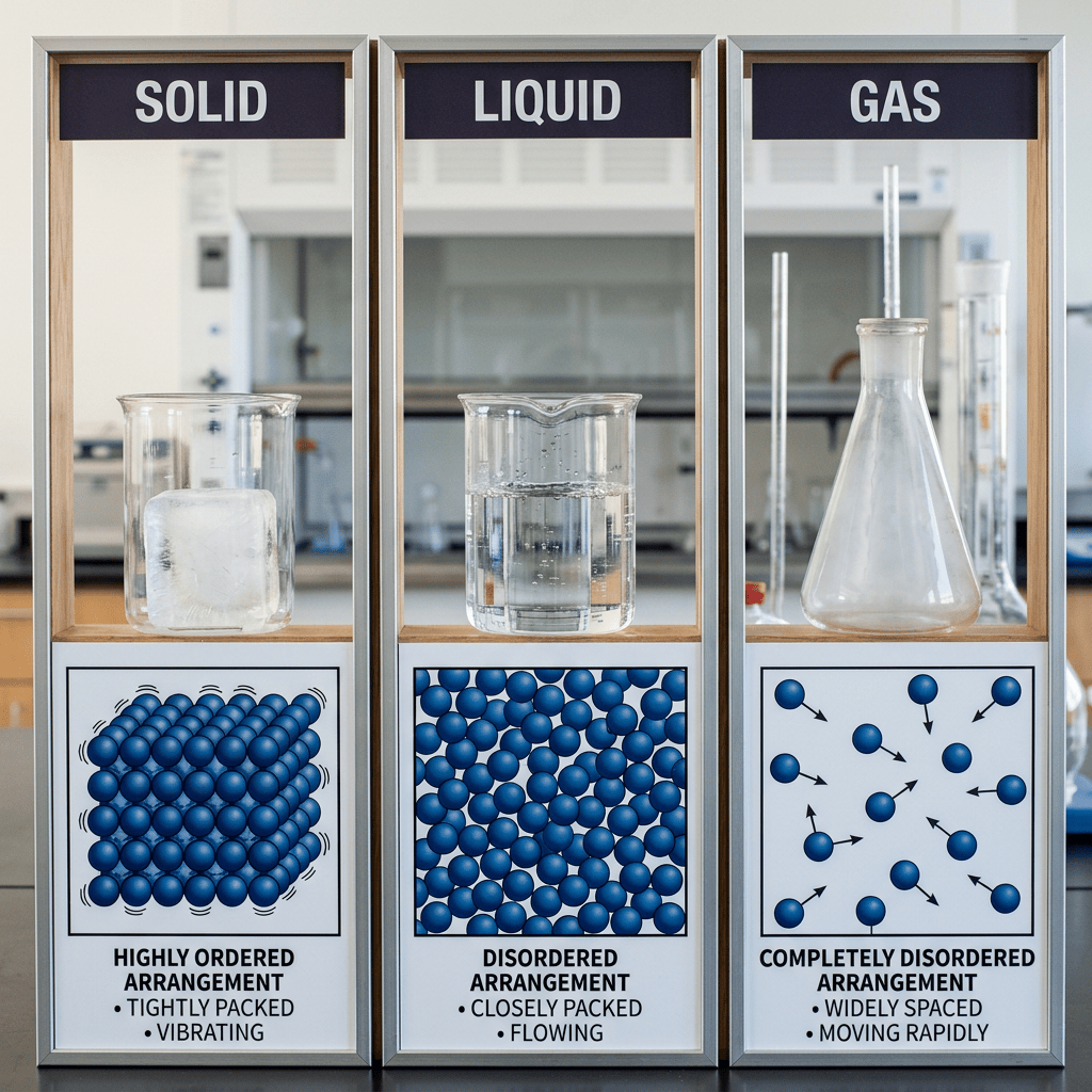 Three sections showing solid with ice cube, liquid with water, and gas with flask and particle diagrams