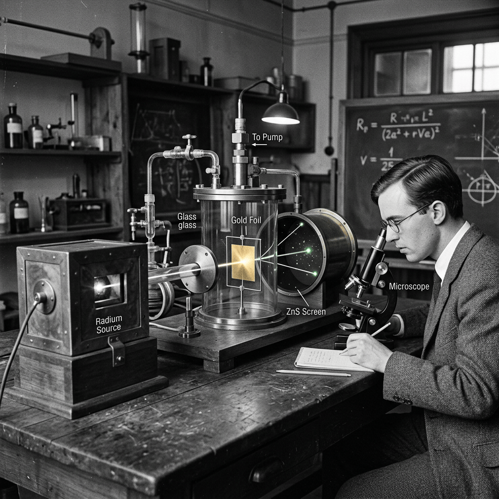 Laboratory setup of gold foil experiment with radium source, glass, gold foil, ZnS screen, and microscope
