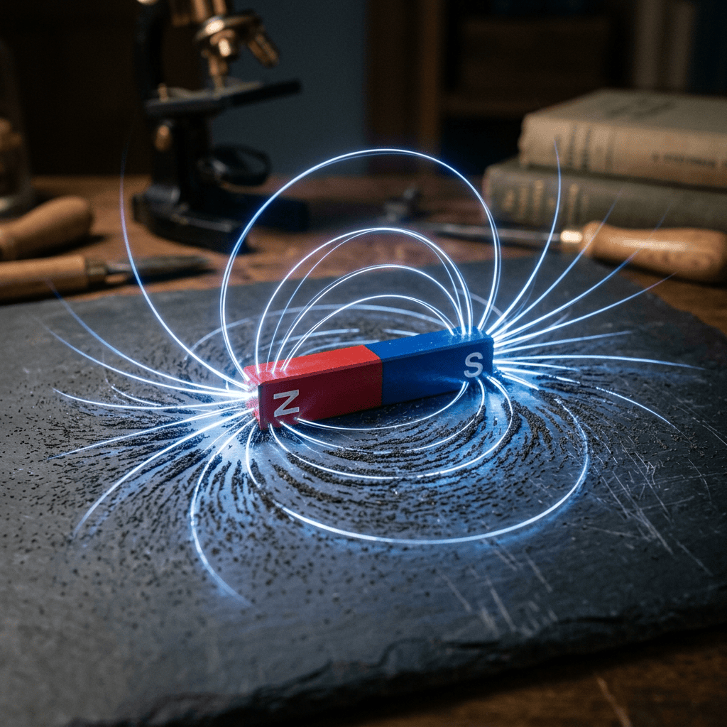 Bar magnet with red north and blue south poles showing magnetic field lines on black surface