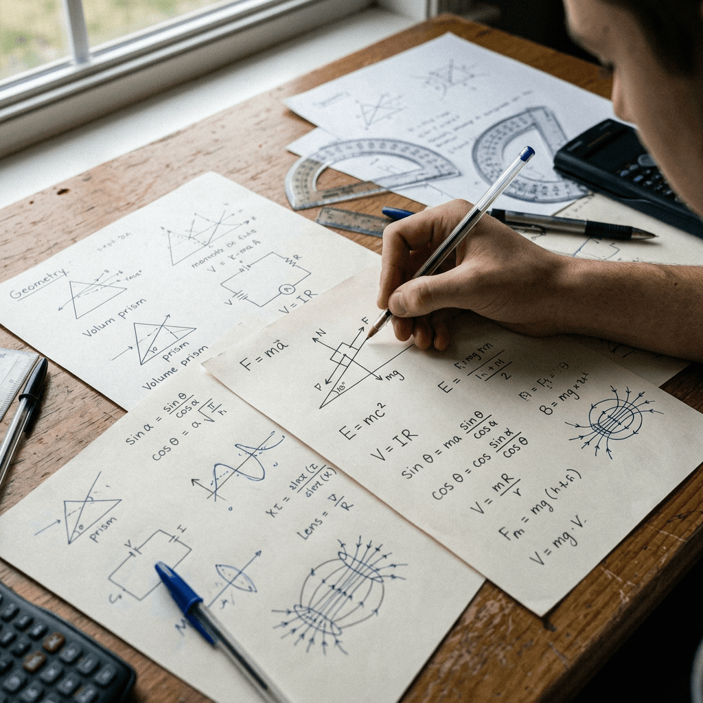 Hand writing physics and geometry formulas and diagrams on papers with calculator and protractors nearby