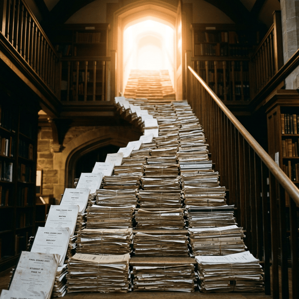 Stacks of paper exam booklets arranged on stairs inside a library